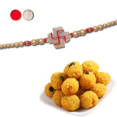 "Rakhi - FR- 8540 A (Single Rakhi), 500gms of Laddu - Click here to View more details about this Product